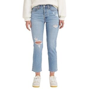 Levi’s Wedgie Straight Light Wash Indigo Destructed Raw Hem Jeans Size 29